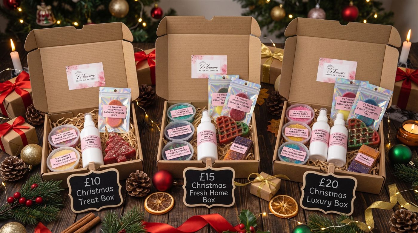 T's Treasure Christmas gift boxes at £10, £15 and £20